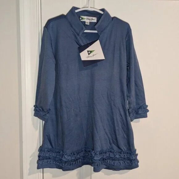 *3 FOR $9* NEW Navy Jane Solid Jacqueline Long Sleeve Knee Length Ruffled Dress - Picture 1 of 3